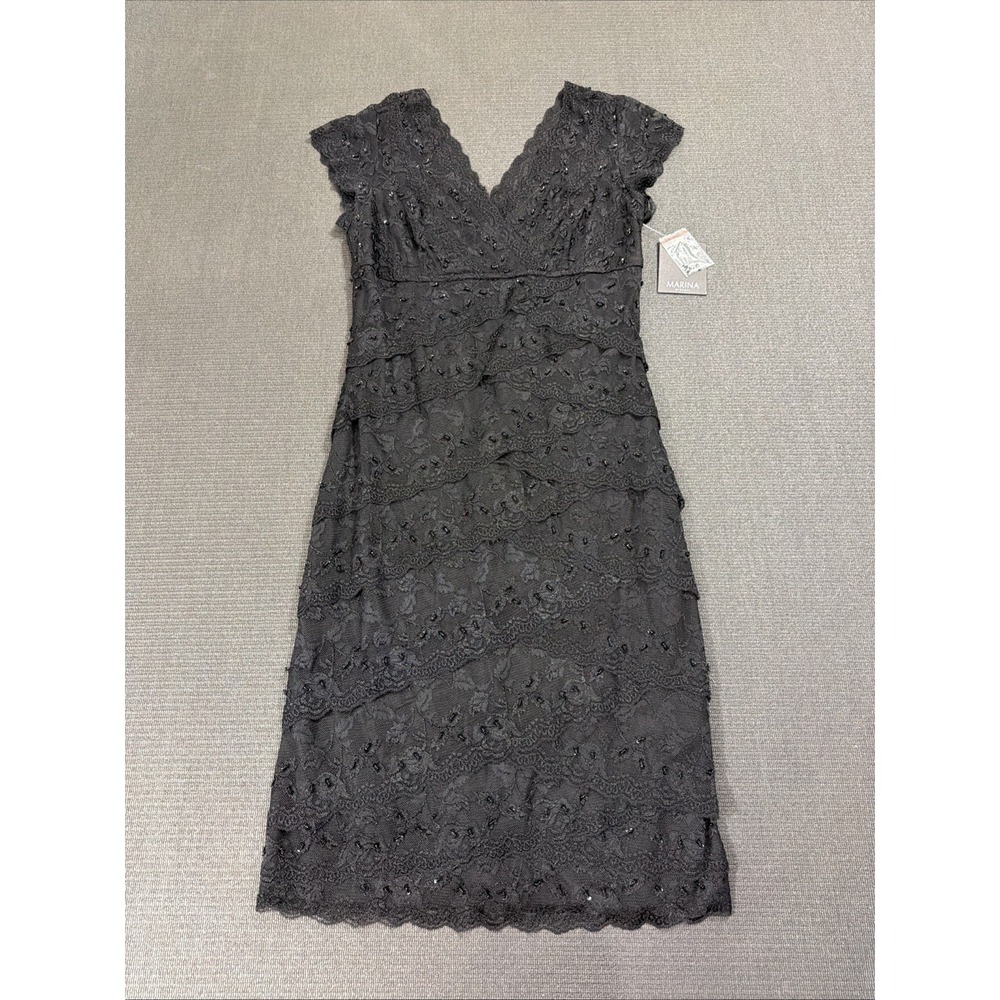 New Marina Women's Dress Sheath Layered Lace Sequins Stretch Lined Sz 8 Black
